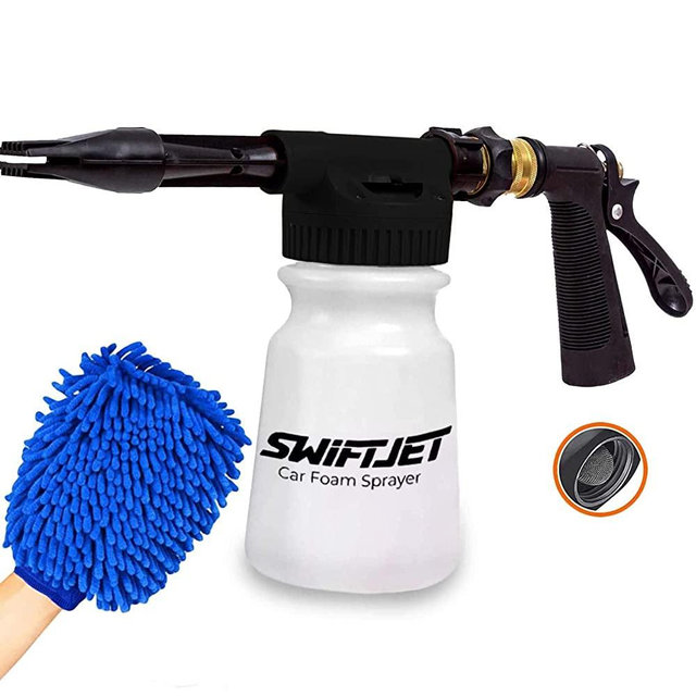 SwiftJet Car Wash Foam Gun Sprayer with Microfiber Wash Mit - Adjustable Water Pressure & Soap Ratio Dial - Foam Cannon Attaches to Any Garden Hose (Foam Sprayer with Wash Mit (Black))