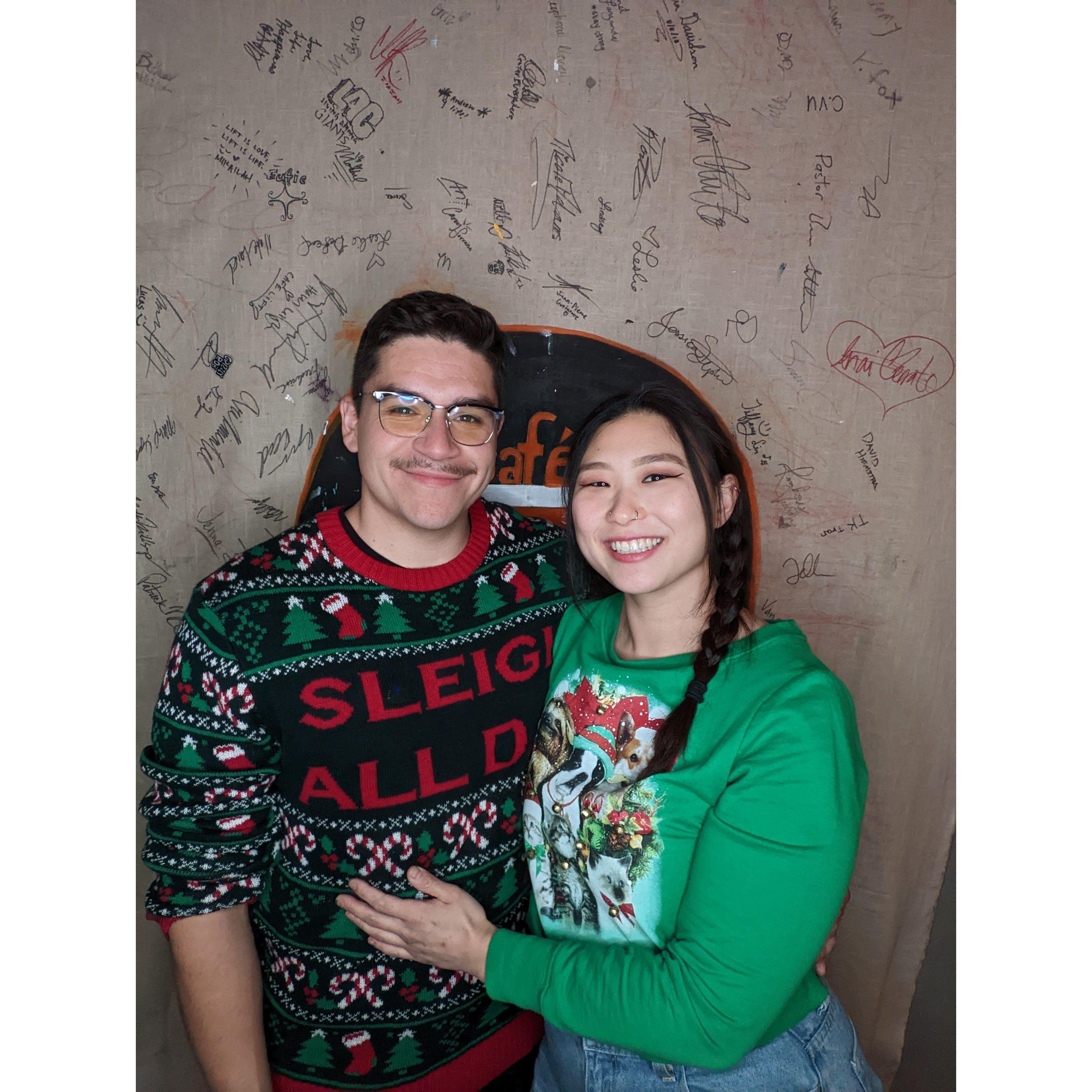 Pablo & Charleen in their ugly Christmas sweaters at the last Cafe Lift.