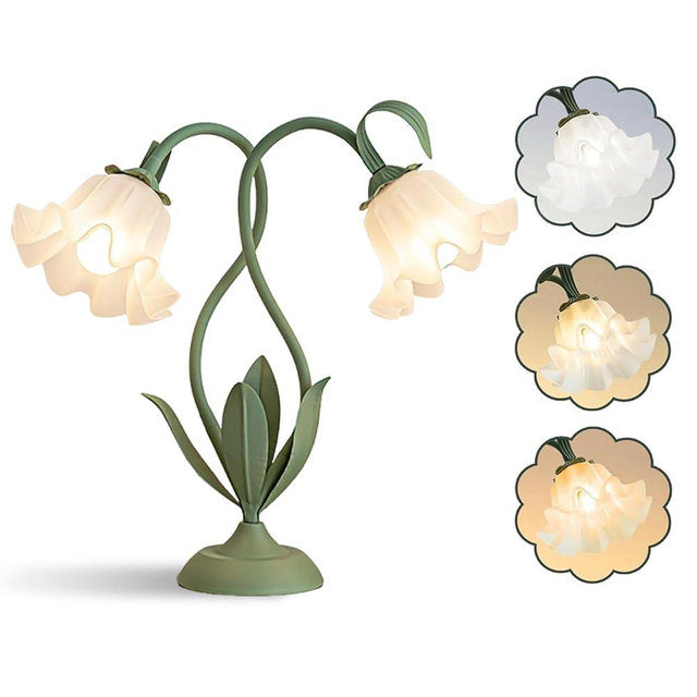 Cute Flower Table Lamp, Large Vintage Bedside Flower Lamp, 3 Colors Temperature Flower Lamp for Bedroom Living Room Bedside Reading Lighting Table Desk Lamps Home Decoration (Green)
