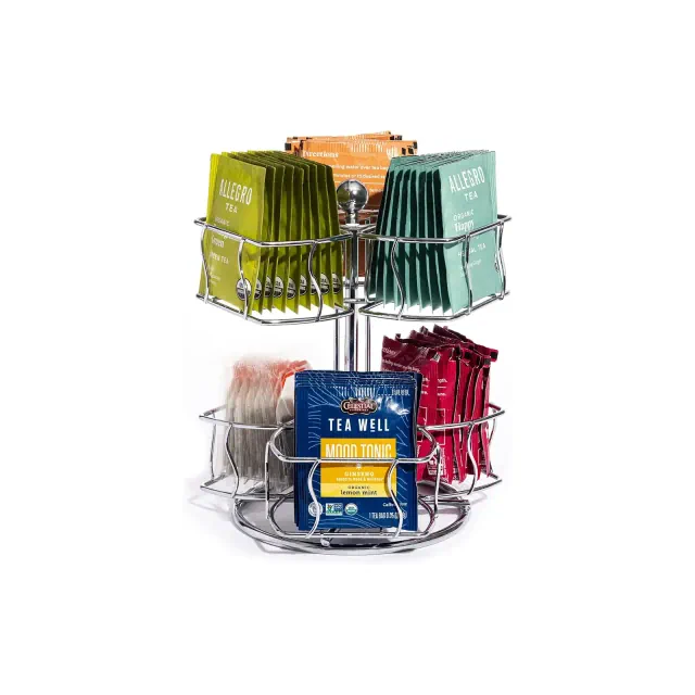 2 Tier Tea Bag Carousel Organizer, 360° Revolving Display, Holds 60 Tea Bags, Space-Saving Pantry Storage for Home, Office