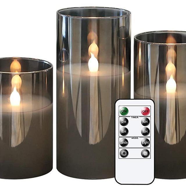 GenSwin Gray Glass Battery Operated Flameless Led Candles with 10-Key Remote and Timer, Real Wax Candles Warm White Flickering Light for Home Decoration(Set of 3)