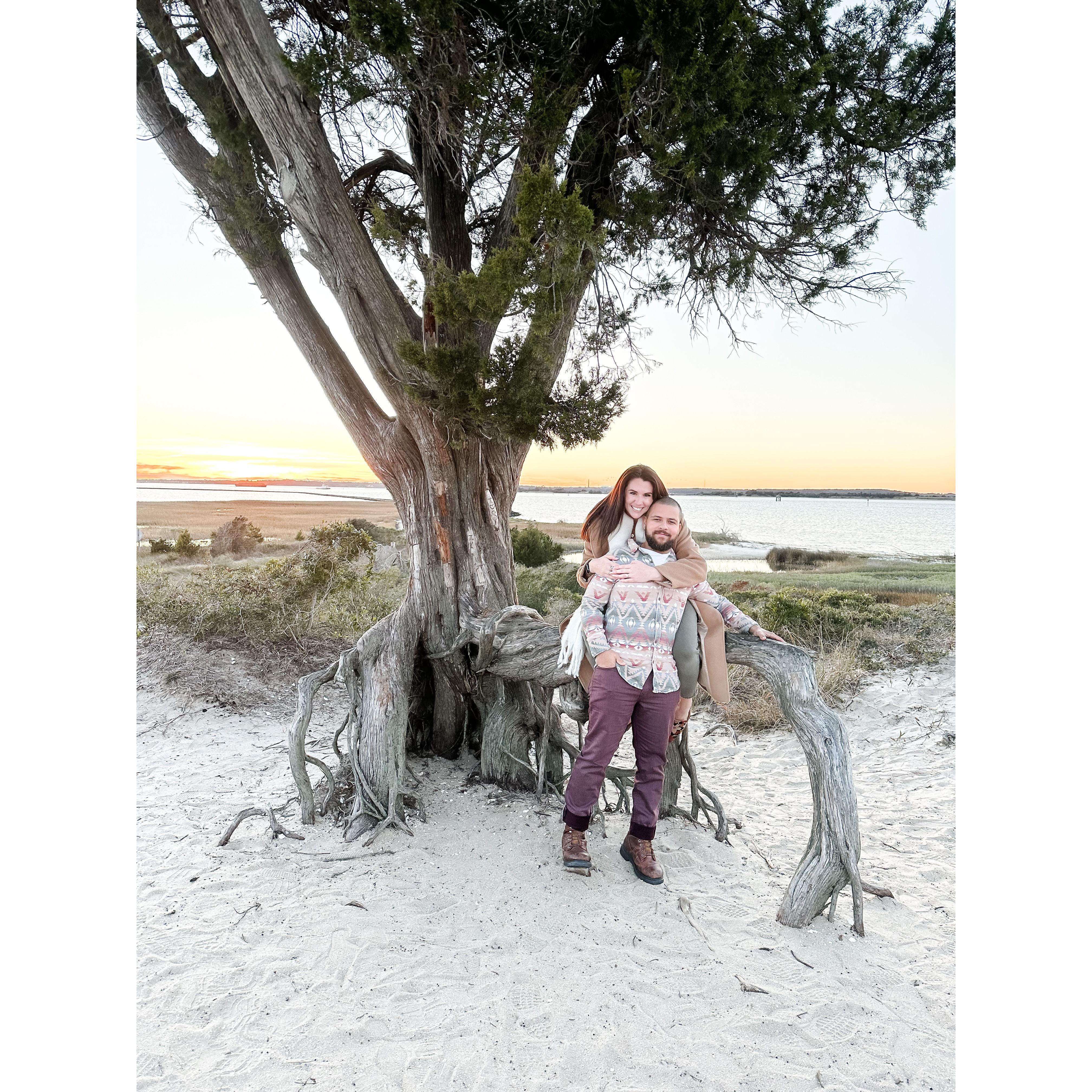 12.15.2023 We got engaged!! Jacob surprised me by taking me out to Fort Fisher to pop the question. Our friend was hiding in the bushes to capture the special moment!