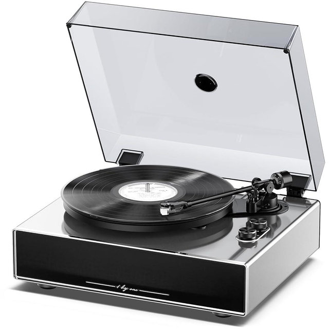 1 by ONE Record Player with Built-in Speakers, Stainless Steel Casing Turntable with DSP, AT-3600L Cartridge, Adjustable Counterweight, 33/45 RPM Vinyl Support, Phono/Line Output