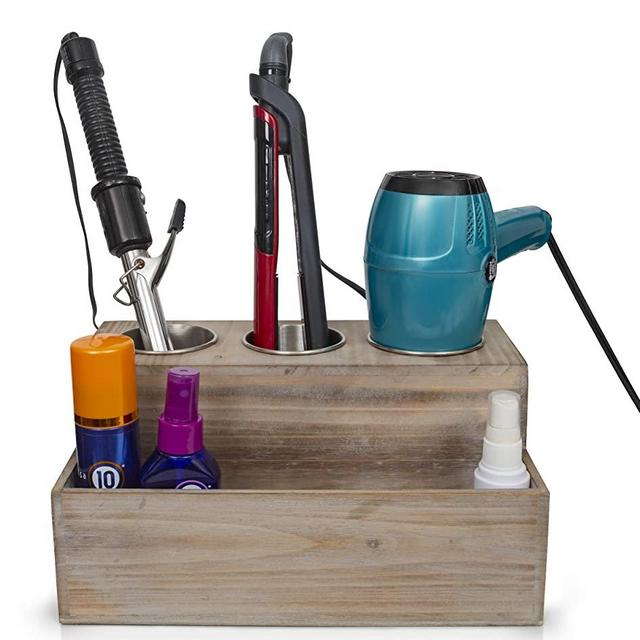 Besti Wooden Hair Dryer Holder – Hair Tools and Styling Supplies Organizer and Storage for Vanity and Bathroom - Natural Elegant Design - Multi-Functional Caddy for Accessories, Makeup, Toiletries