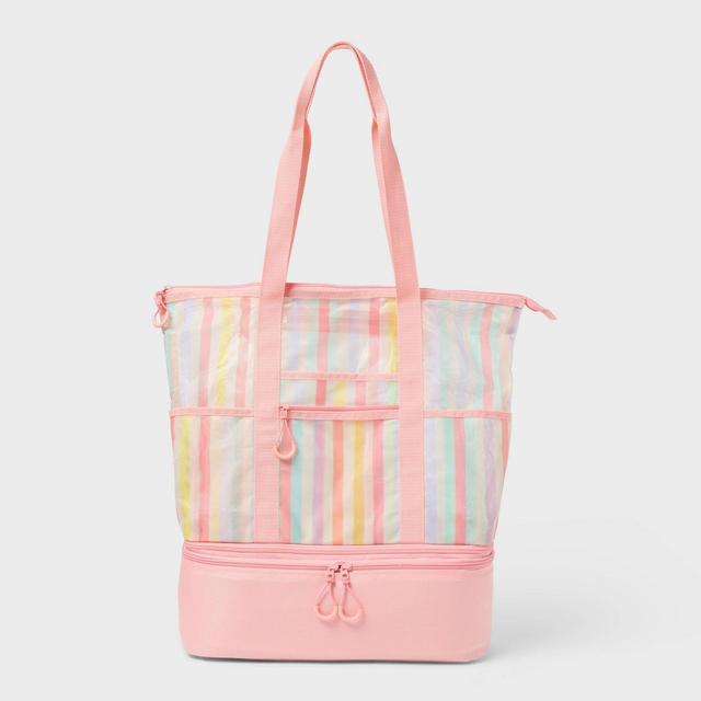 Beach Tote Bag with Zipper Bottom Pink Multi Stripe - Sun Squad™