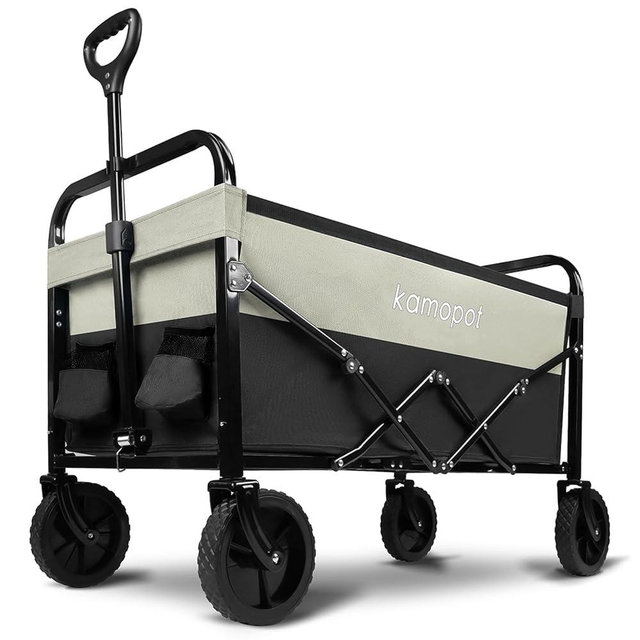 Kamopot Collapsible Wagon Cart, Folding Wagon for Grocery,Utility Wagon for Beach, Yard, Outdoor. 220lb Heavy Duty Foldable, with Cupholders & DIY Wheels (Black & Gray)
