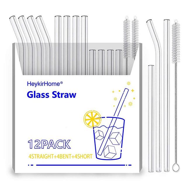 HeykirHome 12-Pack Reusable Glass Straws,4 Pack Straight 8''x10 MM+ 4 Pack Bent 8''x10 MM+4 Pack Short 5”x10 MM with 2 Cleaning Brush- Perfect for Smoothies, Tea, Juice