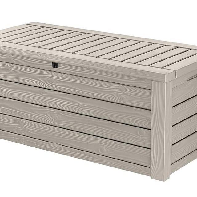 Keter Westwood 150 Gallon Resin Large Outdoor Storage Box for Patio Furniture, Outdoor Cushions, Garden Tools and Pool Floats, Beige