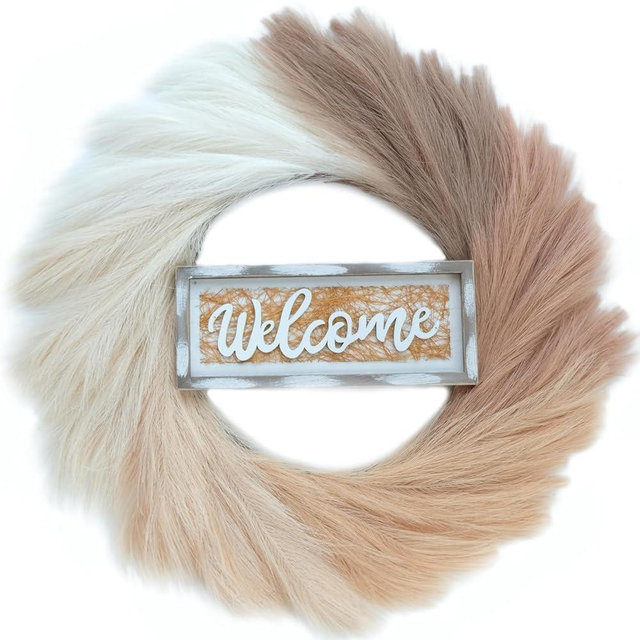 Bibelot Pampas Grass Wreath, 24’’ Artificial Pampas Wreath with Hello Sign, Pampas Farmhouse Wreath for Front Door Decor
