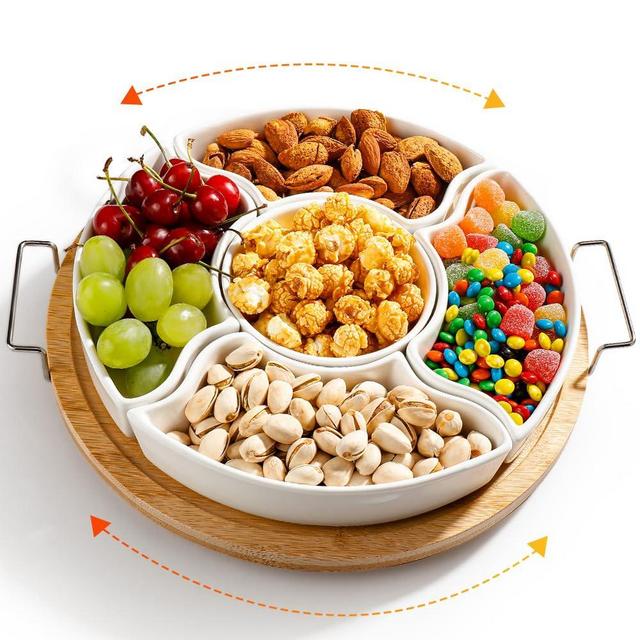 Ceramic Divided Serving Dishes with Bamboo Tray,360° Rotatable Serving Bowls with Handles for Party,5 Removable Relish Tray,11.2 Inch Appetizer Serving Dish for Chips & Dip, Veggies, Candy & Snacks