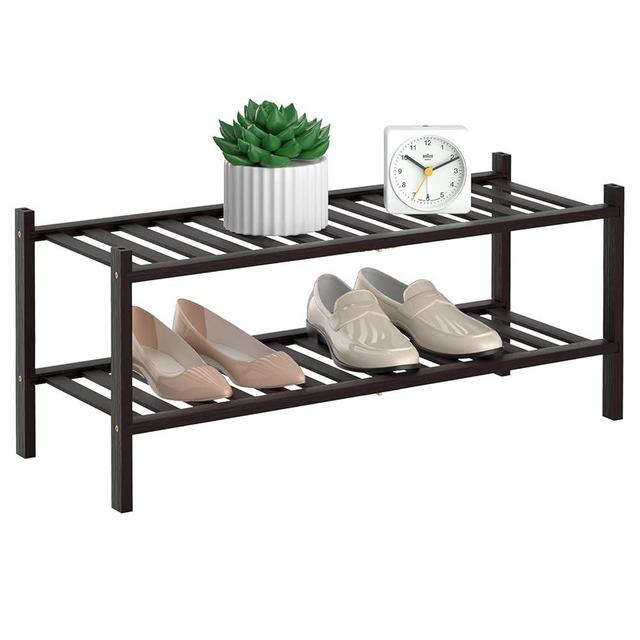RONGJIA 2-Tier Natural Bamboo Shoe Rack - Stackable Storage Shelf with Multi-Function Combinations - Free Standing Shoe Racks for Convenient Shoe Organization（Brown） 11" D x 27" W x 13" H