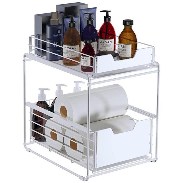 DOLALIKE Pull Out Under Sink Cabinets Organizer, Stackable 2 Tire Sliding Countertop Organizer, Under Sink Storage Drawer Shelf for Kitchen (White)