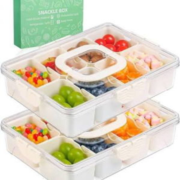 2 Pack Snackle Box Container - Dishwasher Safety Divided, Serving Tray with Lid and Handle - Charcuterie Board for Portable Snack Platters - Clear Organizer for Fruits Snacks,Perfect for Road Travel