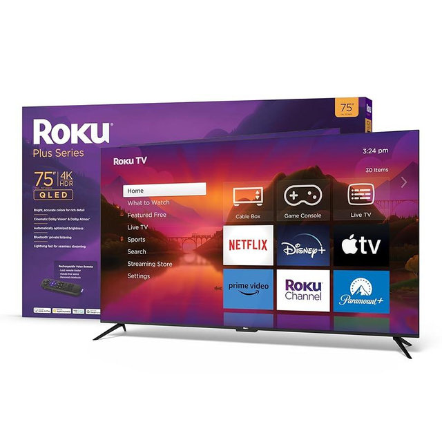 Roku 75" Plus Series 4K Dolby Vision HDR10+ QLED Smart RokuTV with Voice Remote Pro, Striking 4K Resolution, Automatic Brightness, Dolby Vision and HDR10+