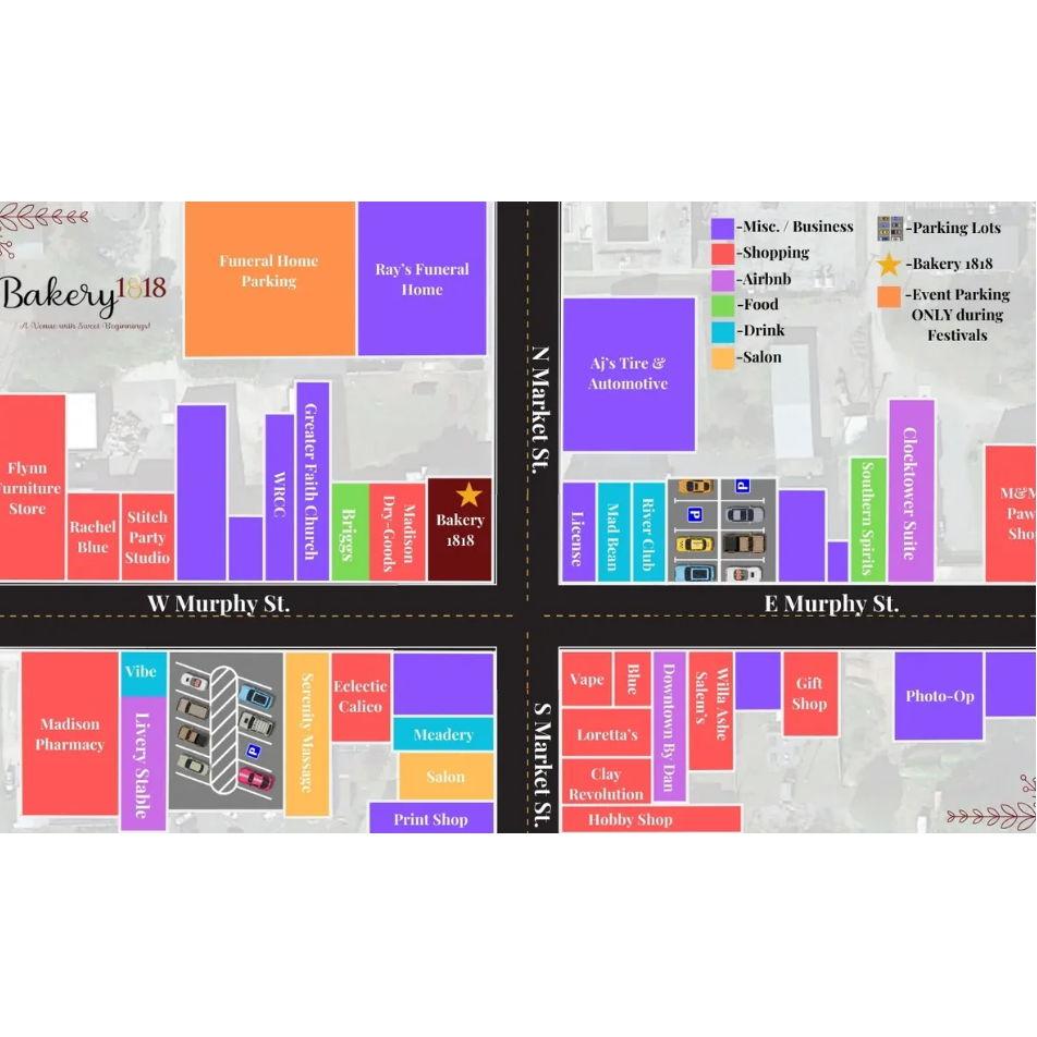 A map of the wedding venue in downtown Madison, NC. Parking lots are available but limited so come early!