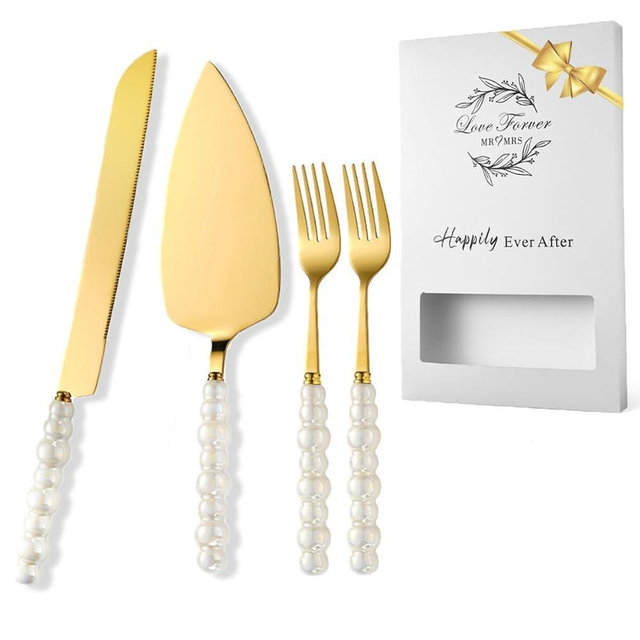 4 Pcs Wedding Cake Knife and Server Set, Ceramic Pearl Handle Cake Cutting Set for Wedding, Stainless Steel Pie Cutter, Bridal Shower Gifts, Engagement Gift for Couples (Gold)