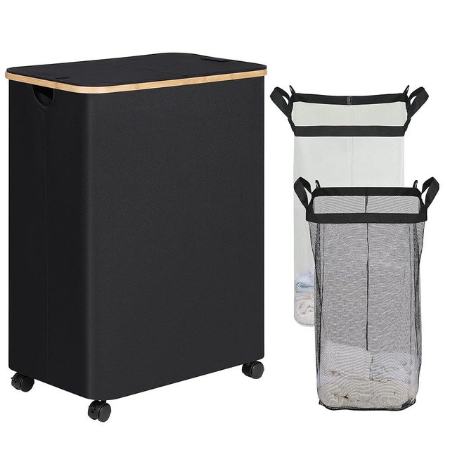 efluky Double Laundry Hamper with Wheels, Divided Laundry Hamper with Removable Bags, 2 Section Dirty Clothes Basket with Handles for Bathroom, Bedroom & Laundry Room, 160L Black