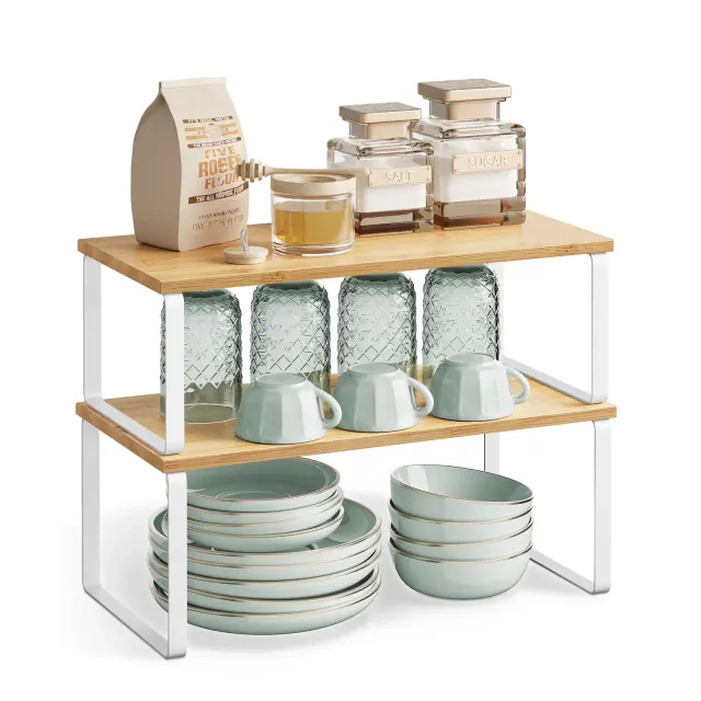 SONGMICS Cabinet Organizer Shelf, Set of 2 Kitchen Counter Shelves, Kitchen Storage, Spice Rack, Stackable, Expandable, Natural Beige