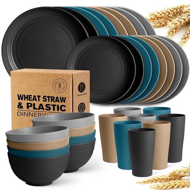 Teivio 32-Piece Kitchen Plastic Wheat Straw Dinnerware Set, Service for 8, Dinner Plates, Dessert Plate, Cereal Bowls, Cup, Unbreakable Plastic Outdoor Camping Dishes, Cerulean Hues