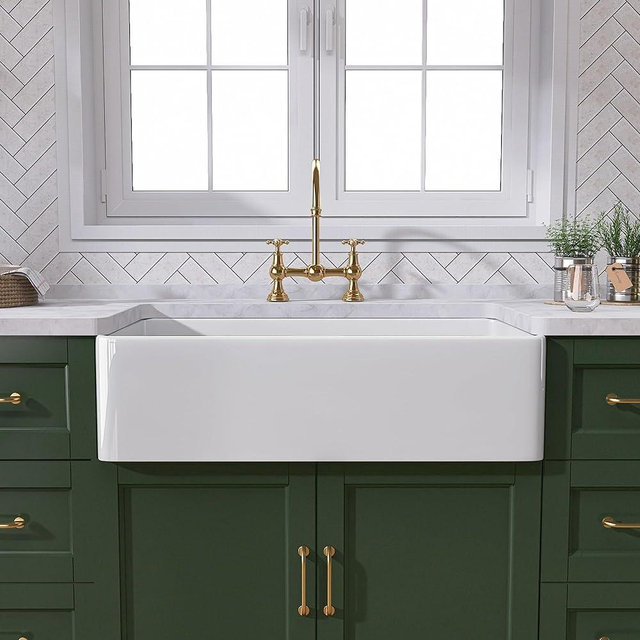 TUKTUK White Farmhouse Sink 30 Inch Farm Sink Fireclay Apron Front Single Bowl Kitchen Sinks Deep Drop In Undermount Kitchen Sink Luxury Bottom Grid & Strainer Drain Included
