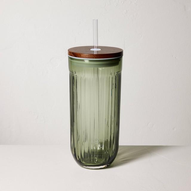 21oz Fluted Glass Tumbler with Wood Lid Green - Hearth & Hand™ with Magnolia