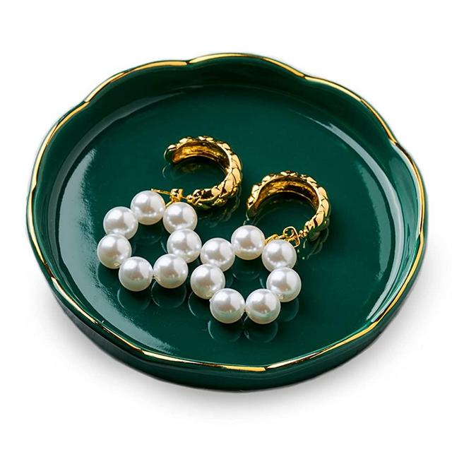 Ring Holder Ceramic Jewelry Holder, Trinket Dish Vanity Tray for Jewelry - 4.5 Inches Round Jewelry Organizer Tray for Earrings, Necklace, Birthday Gift for Friends, Teachers, Wife, Sister, Dark Green