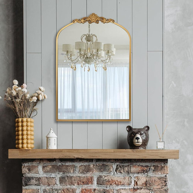 Ruomeng Arched Mirror Traditional Vintage Baroque Inspired Wall Mirror, Gold Wall Mounted Mirror for Entryway Fireplace Hallway Bathroom and Living Room, 24" x 36"