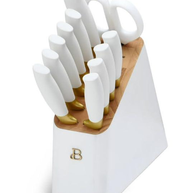 Beauti Knife Set 12 Pieces Stainless Steel, Block Soft Grip Handles, Razor Sharp, Comfortable Grip, Stick Resistant (White)