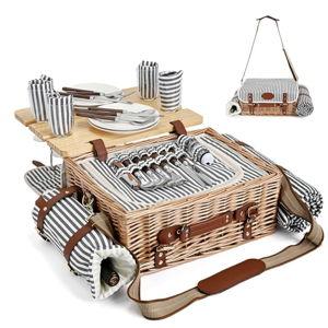 Multifunctional Wicker Picnic Basket Set for 4 with Blanket and Picnic Table, Insulated Picnic Set with Full Tablewares for Camping Outdoor Couples, Stripes