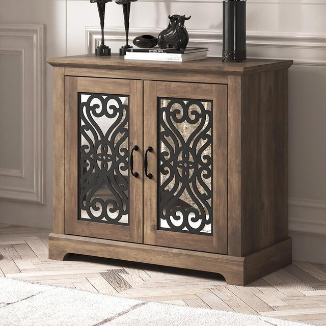 Galano Calidia 2 Door Sideboard, Buffet Cabinet with Acrylic Mirror Doors, 15.7" D x 32.4" W x 29.3" H, Knotty Oak