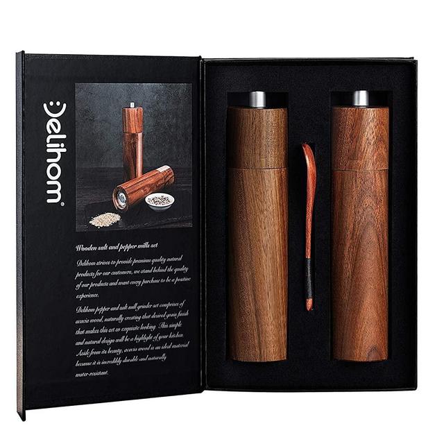 Delihom Premium Salt and Pepper Grinder Set 8 Inch Acacia Wood Salt and Pepper Mill Set with Wooden Spoon in Elegant Gift Box