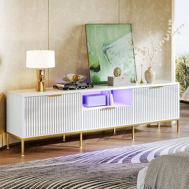 Bestier 70” Fluted TV Stand for 80 inch TV, High Gloss Entertainment Center with LED Lights, Modern Media Console with Storage, TV Console for Living Room Bedroom, White