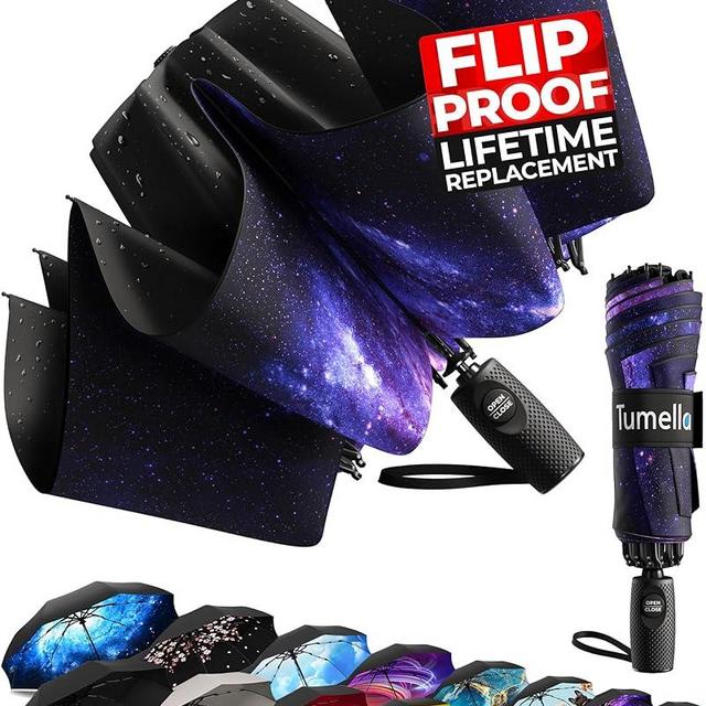 TUMELLA Flip-proof Inverted Travel Umbrella, Small Strong but Light Portable and Automatic Reverse Folding Rain Umbrella, Durable Premium Grip, Fits Car & Backpack