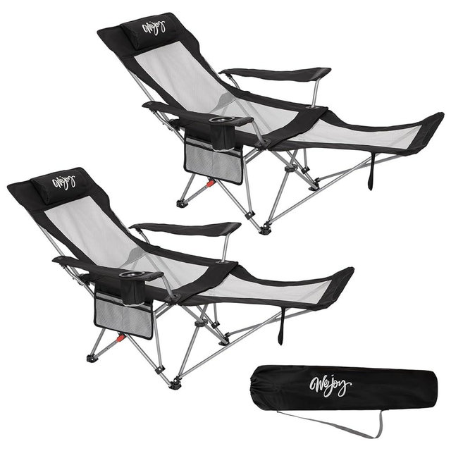 #WEJOY 2-in-1 Reclining Camping Chair with Footrest for Adults Folding Lounge Chair with Adjustable Backrest Lightweight Camping Chairs Heavy Duty Camp Chairs for Outdoor (2 Pack Black Grey)