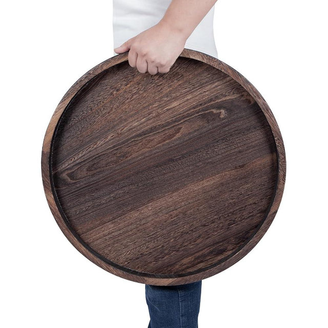 Round Ottoman Tray for Coffee Table Living Room Wood Serving Tray Large Wooden 20 Inches Rustic Brown