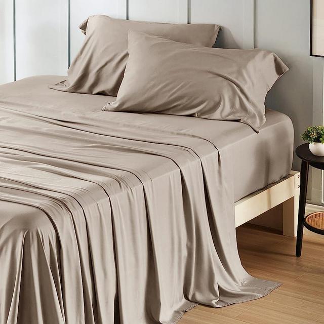 Bedsure Cooling Sheets Set, Rayon Made from Bamboo, Queen Sheet Set, Deep Pocket Up to 16", Hotel Luxury Silky Soft Breathable Bedding Sheets & Pillowcases, Simply Taupe