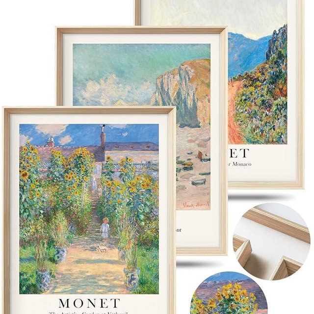 HesenDot Framed Claude Monet Wall Art 3 Piece,12x16in High Framed Design Canvas Prints Wall Decor,Vintage Impressionism Landscape Artwork Poster Home Decoration for Living Room Bedroom Gallery Office