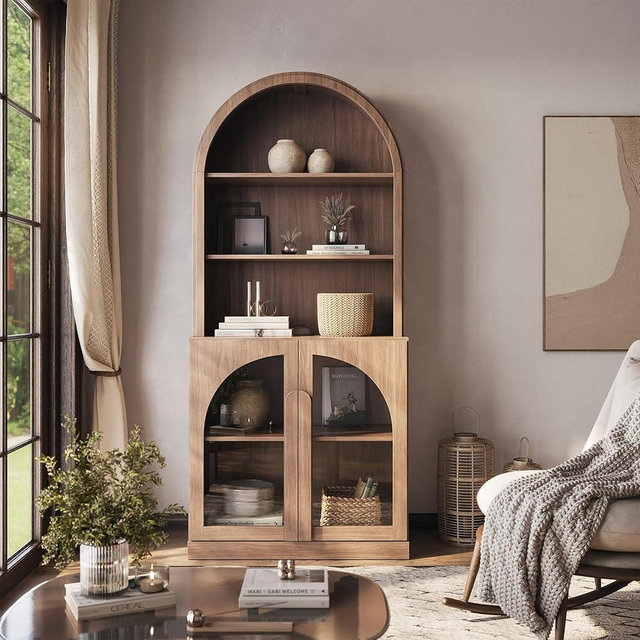 BELLEZE Arched Bookshelf with Glass Doors, 71" Tall Wood Display Cabinet with Adjustable Shelf and Hutch, 5 Tier Modern Bookcase Shelf with Storage for Living Room Office, Camel