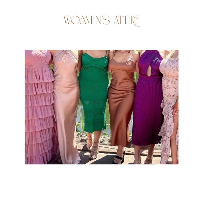 Any length cocktail-style dress. Chunky heels or sandals are recommended for the ceremony.