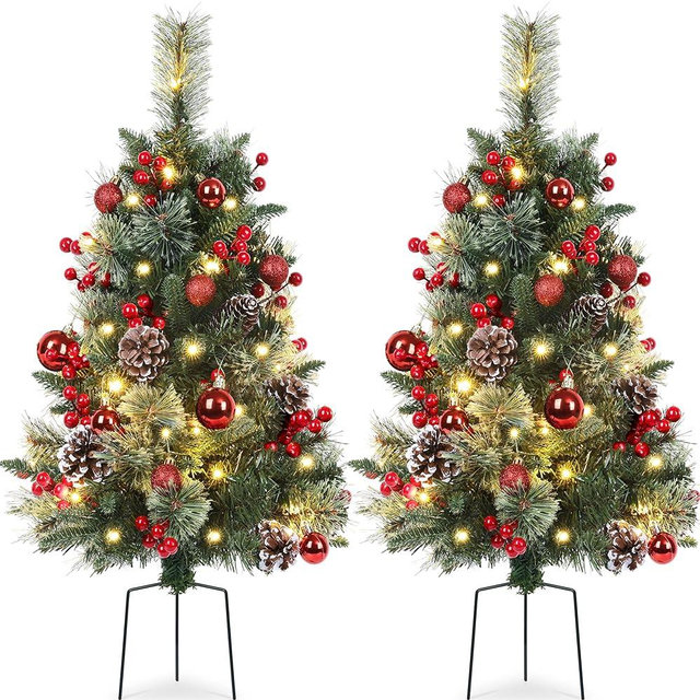 TOWPONICS Set of 2 Outdoor Pathway Christmas Trees with Lights, 30in Prelit Battery Operated Artificial Xmas Tree Holiday Décor for Porch, Urn & Planter Filler, Red Berries, Pine Cones, Ball Ornaments