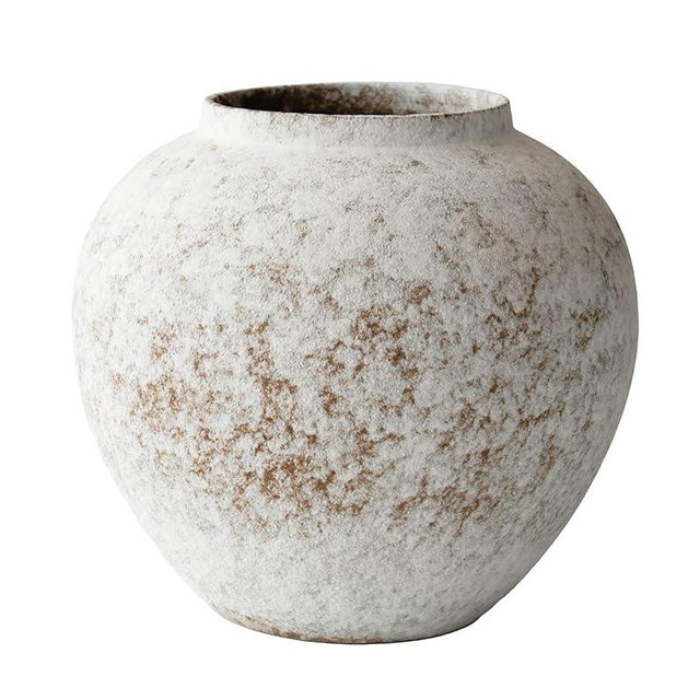 CozyWel Rustic Farmhouse Textured Ceramic Vase, Large Round Distressed White Pottery Flower Vase for Centerpieces, Decorative Vases for Living Room, Kitchen, Office Table Top Decor, Gift & Weddings