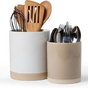 famiware Milkyway Kitchen Utensil Holder for Countertop, Ceramic Cooking Utensil Crocks for Kitchen Counter, Utensil Organizer for Spatula & Spoon, Set of 2, White and Cinnamon Brown
