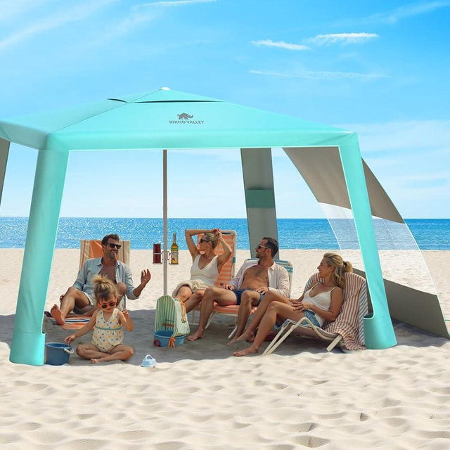 Rhino Valley Beach Cabana, 8 × 8FT Foldable Beach Tent with Cup Holder, Beach Canopy Easy Setup with UPF50+ Protection, Windproof Stable Beach Tent, Portable Beach Cabana Tent for Beach Camping