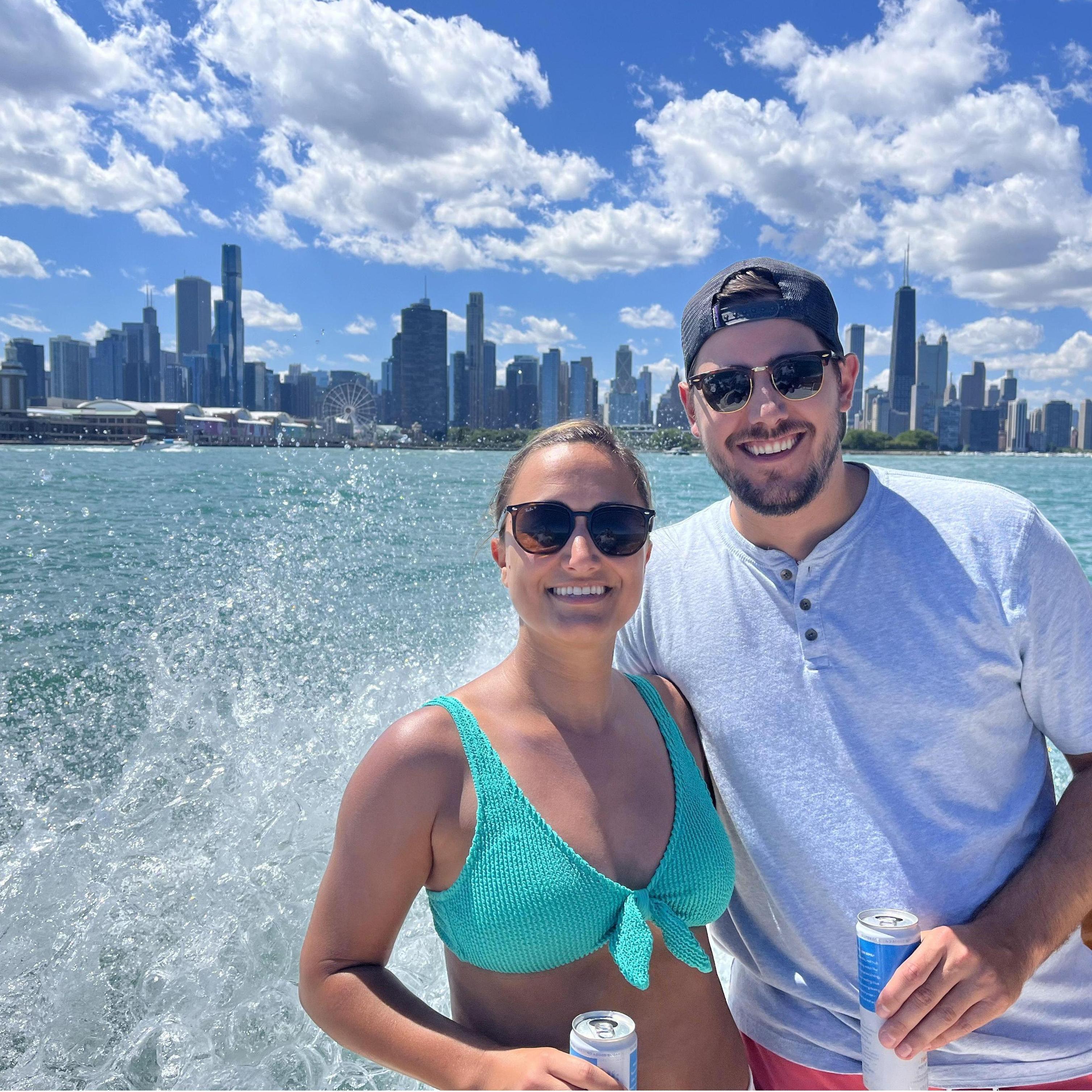 Cruising Lake Michigan on Nick's boat (Christine's oldest brother)! This is the Chicago skyline