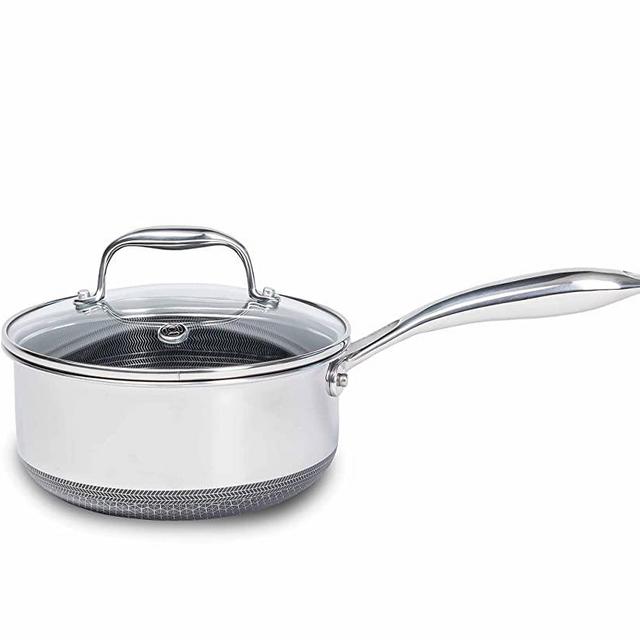 HexClad Nonstick 3 Quart Hybrid Pot Saucepan with Glass Lid - Easy to Clean, Dishwasher & Oven Safe - Ideal for Making Sauces, Reheating Soups, Stocks, and Cooking Grains