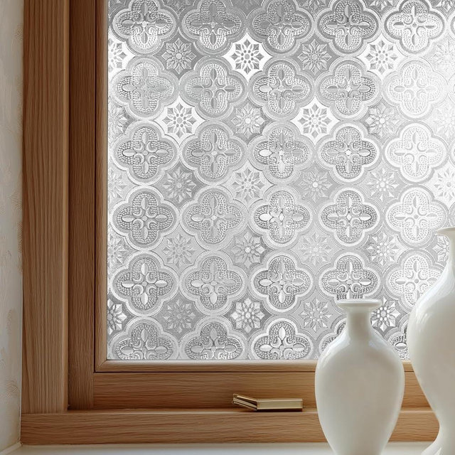 OHTMERU Window Privacy Film Decorative for Front Door, Bathroom Static Cling Stained Glass Sticker Opaque Heat Control UV Blocking Non-Adhesive for Home Windows 17.5 X 78.7 inches