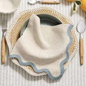 European Linen Scallop Edge Napkins (Set of 8) in Flax/Dusty Blue