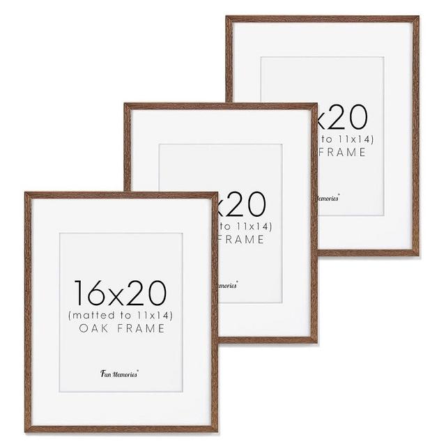16x20 Wood Frame Matted to 11x14, Natural Oak Wood Frame 16 x 20 for Wall, 16"x20" Poster Frame Art Frame with Real Glass, 20x16 Wooden Frames Set of 3, Walnut Color
