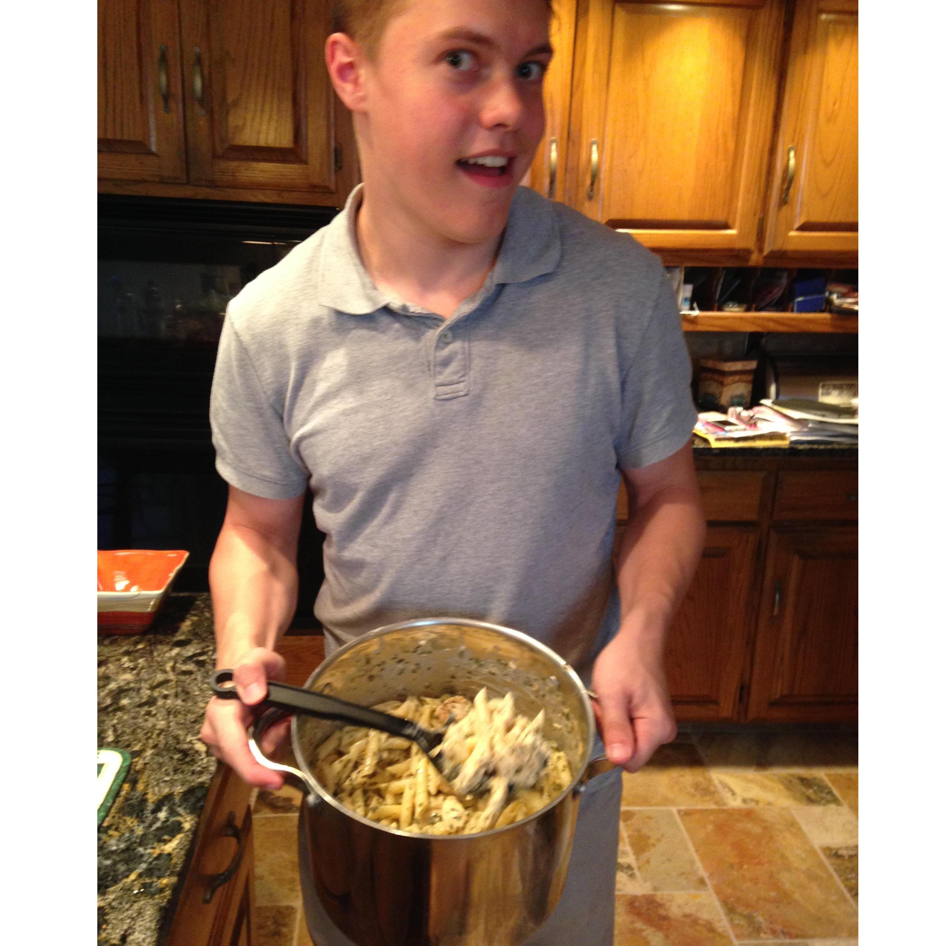 This was James showcasing the lemon chicken piccata that I accidentally ALMOST ruined with 2 cups of flour, when it called for 2 tablespoons....