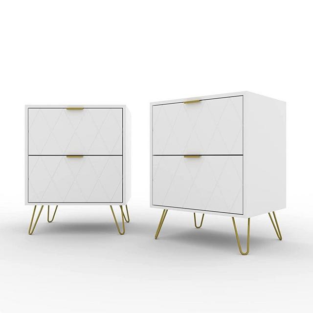 ANBUY White Nightstand Set of 2, End Side Table Double, Mid Century Modern Bedside Table with 2 Drawers, Dual Night Stand Metal Legs for Bedroom Living Room